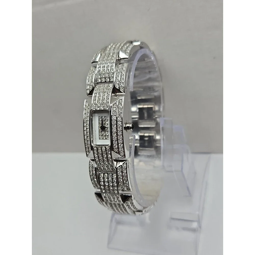 Suzanne Somers Womens Pave Rhinestone Tank Watch Silver Tone Y2K New Battery
